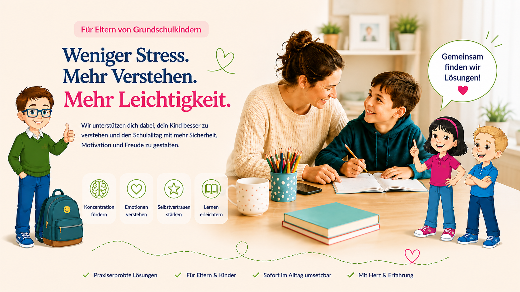 Brain4kids unterstützt Eltern von Grundschulkindern dabei, ihr Kind besser zu verstehen, Konzentration zu fördern, Emotionen zu verstehen, Selbstvertrauen zu stärken und Lernen zu erleichtern.