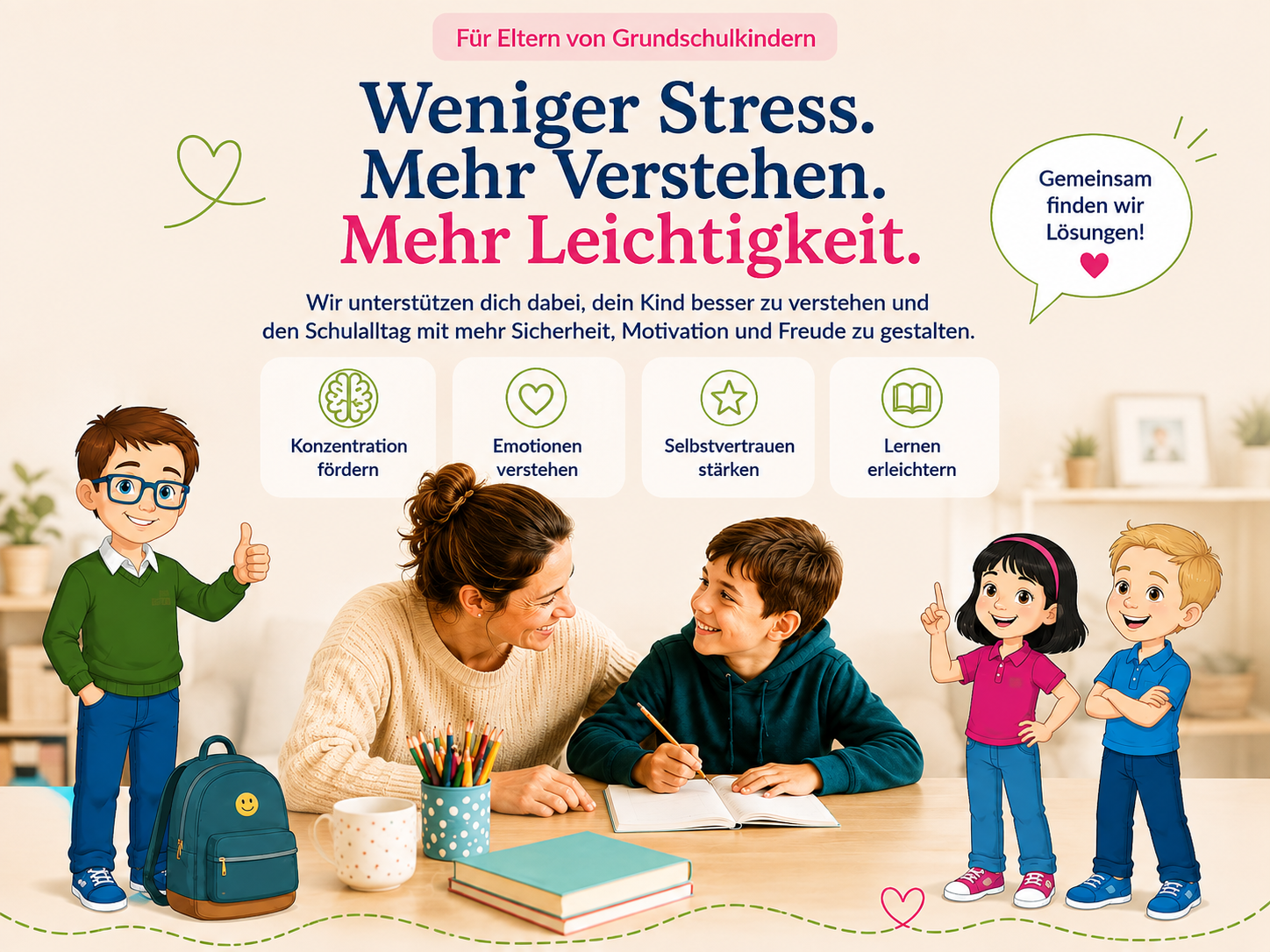 Brain4kids unterstützt Eltern von Grundschulkindern dabei, ihr Kind besser zu verstehen, Konzentration zu fördern, Emotionen zu verstehen, Selbstvertrauen zu stärken und Lernen zu erleichtern.