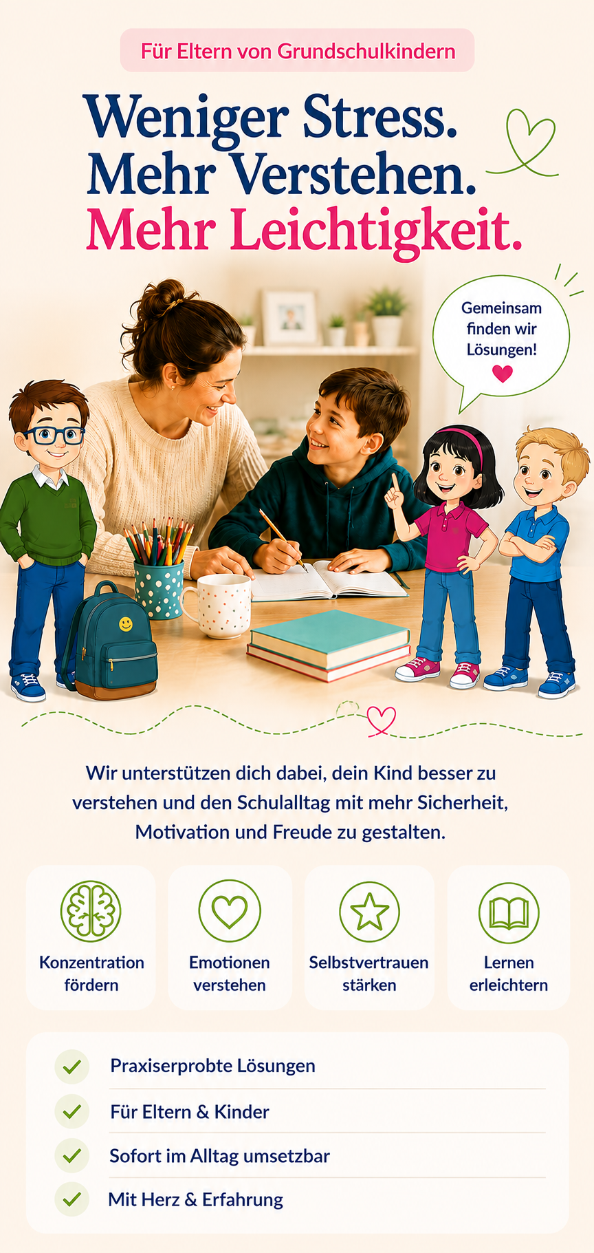 Brain4kids unterstützt Eltern von Grundschulkindern dabei, ihr Kind besser zu verstehen, Konzentration zu fördern, Emotionen zu verstehen, Selbstvertrauen zu stärken und Lernen zu erleichtern.